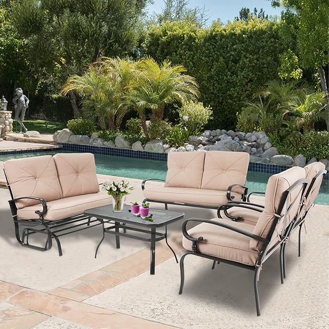5Pcs Patio Conversation Set Outdoor Wrought Iron Furniture Set with 1 Glider, 1 Loveseat, 2 Single Chairs - Photo 2