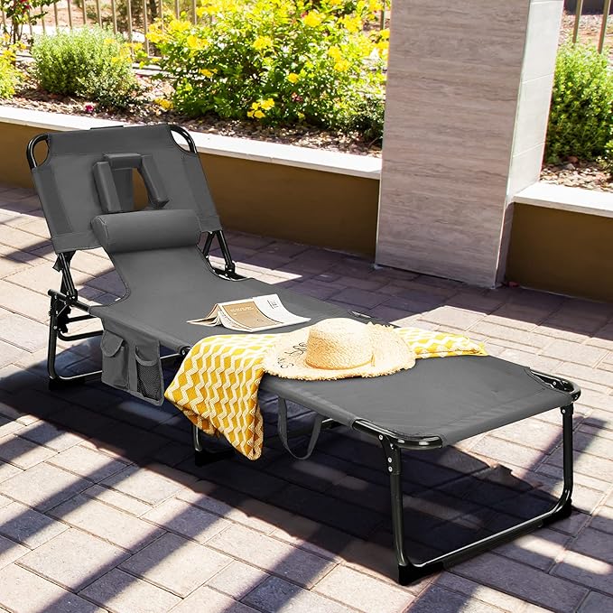 Goplus Tanning Chair, Folding Beach Lounge Chair with Face &Arm Hole, 5-Position Adjustable, Removable Pillow - Photo 2