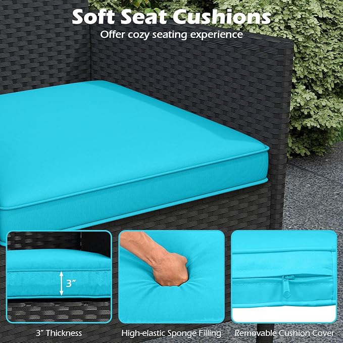 Tangkula Patio Loveseat with Built-in Table, Wicker 2-Seat Furniture with Soft Cushions & Tempered Glass Tabletop, Metal Frame Outdoor Conversation Seating Bench for Backyard, Porch