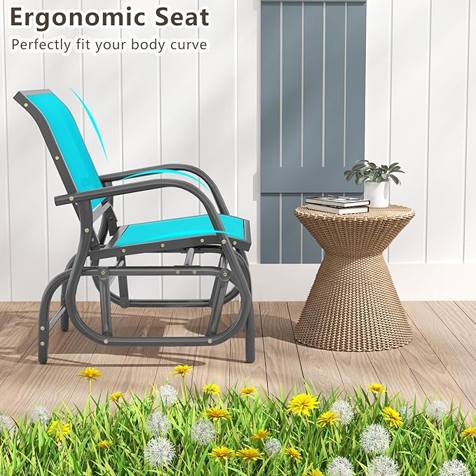 Giantex Swing Glider Chair W/Study Metal Frame Comfortable Patio Chair Love-Seat for Garden, Porch, Backyard, Poolside, Lawn Outdoor Rocking Chair (1, Turquoise)