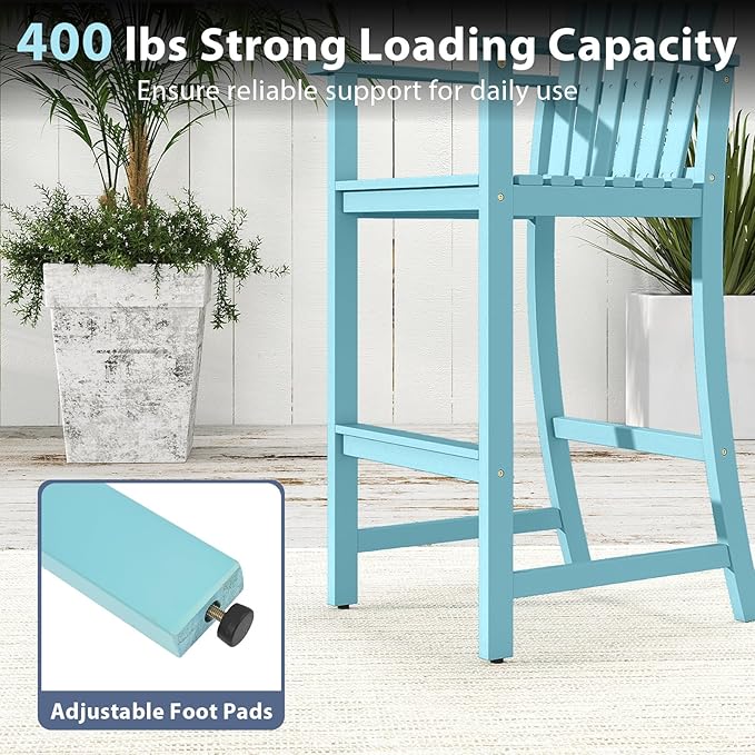 Tangkula Tall Adirondack Chair, Outdoor Acacia Wood Bar Stool with Back, Armrests and Footrest, Bar Height Patio Chair for Balcony, Porch, Deck and Backyard (1,Turquoise)