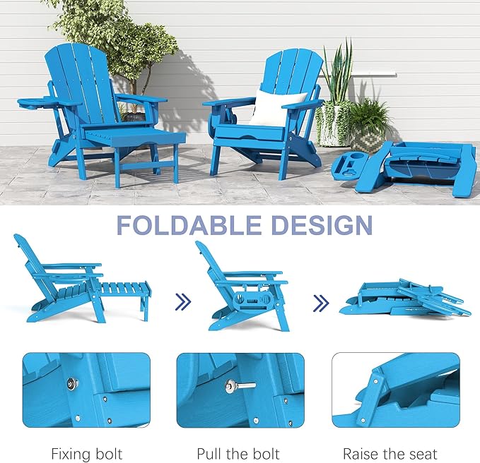 FOOWIN Adirondack Chair with Retractable Ottoman,HDPE Folding Adjustable Adirondack Chair w/4 in 1 Cup Holder Trays,All-Weather Resistant Fire Pit Chair for Outdoor Patio Lawn Set of 6