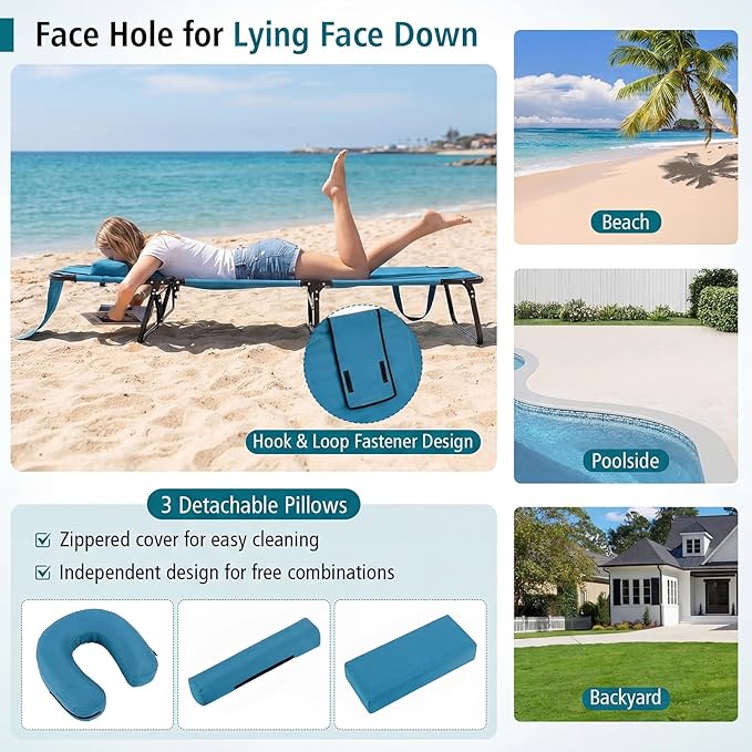 Tangkula Beach Lounge Chair, Folding Sunbathing Recliner with Face Hole, Face Down Tanning Chair with 4-Level Adjustable Backrest & 3 Removable Pillows, Chaise Lounge Chair for Patio (2, Blue)