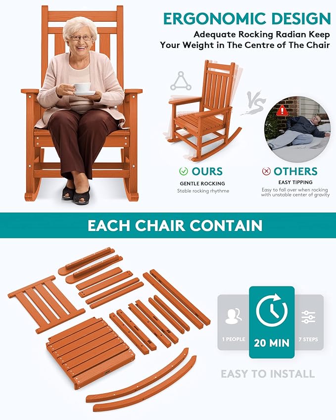 SERWALL HDPE Outdoor Rocking Chair, HDPE Rocking Chair for Adult, Orange