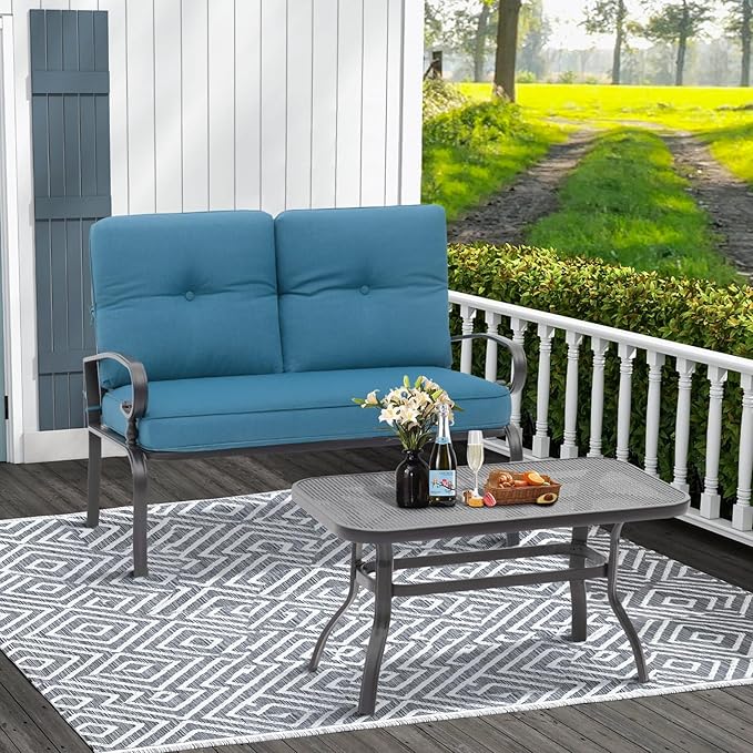 Oakcloud Outdoor 2 Pcs Patio Loveseat Bench Metal Frame Furniture Set with Thick Cushions and Coffee Table, Wrought Iron Look (Peacock Blue)