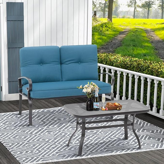 Oakcloud Outdoor 2 Pcs Patio Loveseat Bench Metal Frame Furniture Set with Thick Cushions and Coffee Table, Wrought Iron Look (Peacock Blue)