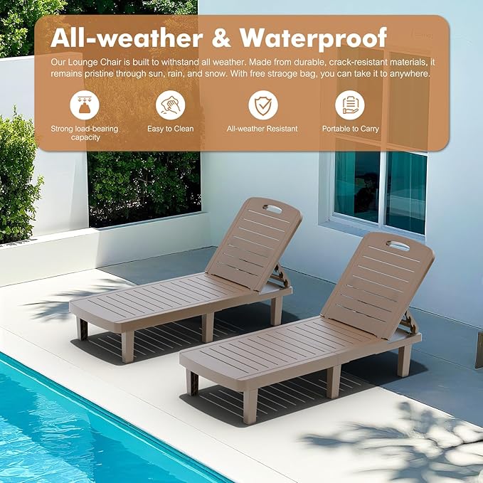 WACASA Outdoor Chaise Lounge Chairs Set of 4, Oversized Lounge Chairs with 5-Level Adjustable Backrest & Cup Holder, Resin Waterproof Pool Lounge Chair for Poolside, Patio, Beach, Yard, Taupe