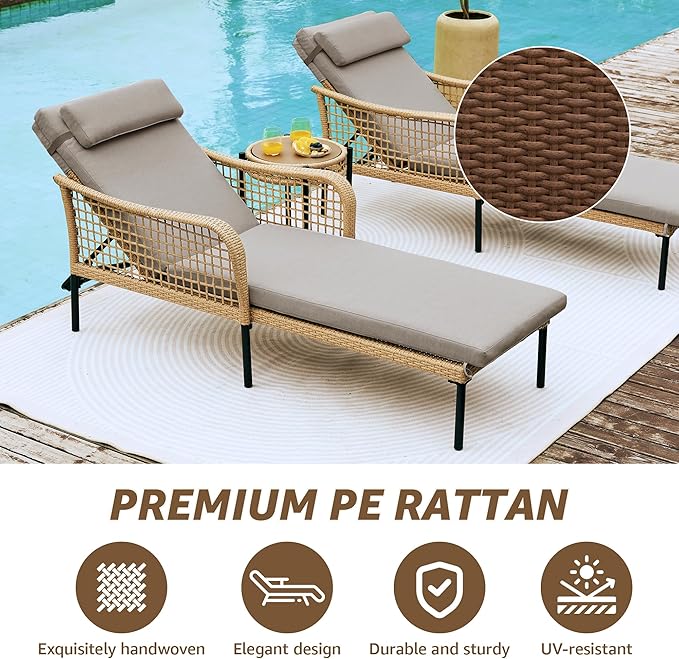 NATURAL EXPRESSIONS Aluminum Outdoor Chaise Lounge Chairs, Wicker Patio Lounge Chair Set of 2 with Side Table, 5-Position Recliner with Headrest Cushion for Yard, Pool (Shale)