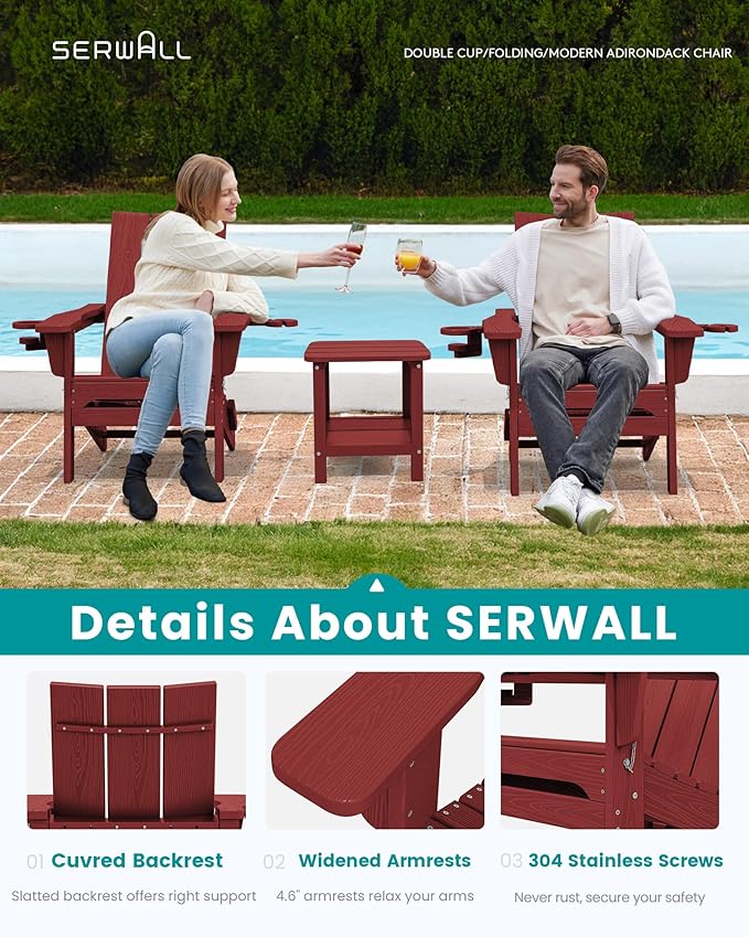 SERWALL Folding Adirondack Chair with Cup Holders, All Weather Resistant Modern Adirondack Chair, HDPE Fire Pit Chairs - Photo 4