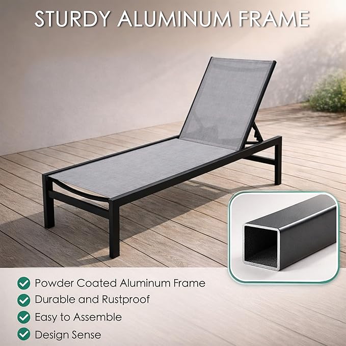 Kozyard 2-Pack Outdoor Chaise Lounge, Aluminum Frame and Textilene Fabric, Adjustable Reclining Patio Lounger for Poolside, Sunbathing & Backyard(Gray)