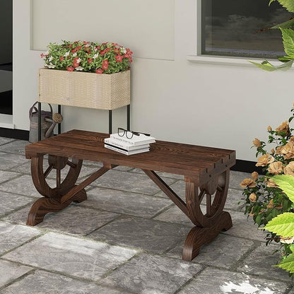 Outsunny 2-Person Wooden Garden Bench, Outdoor Wagon Wheel Porch Bench for Backyard Garden, Support 550 LBS, Rustic Country Style Patio Furniture, Brown