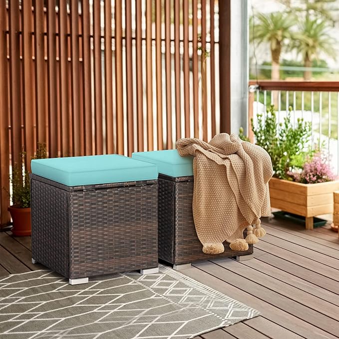 MEDIMALL Patio Wicker Ottoman Set of 2, Multipurpose Outdoor Footstool w/Removable Cushions, Rattan Side Table w/Storage - Photo 2