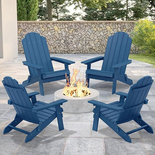 MXIMU Folding Adirondack Chair for Outdoor: Easy Assembly and Comfortable HIPS All-Weather Adirondack Chairs Set of 4 - Wooden Textured Patio Chair for Lawn Garden Deck Backyard Fire Pit