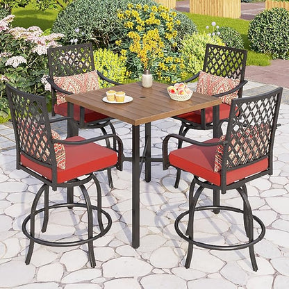 PHI VILLA 5 pcs Outdoor Bar Set, Outdoor Swivel Bar Stool with Red Seat Cushion and Lumbar Support,Extra Large Metal Bar Table with Umbrella Hole for Poolside Garden