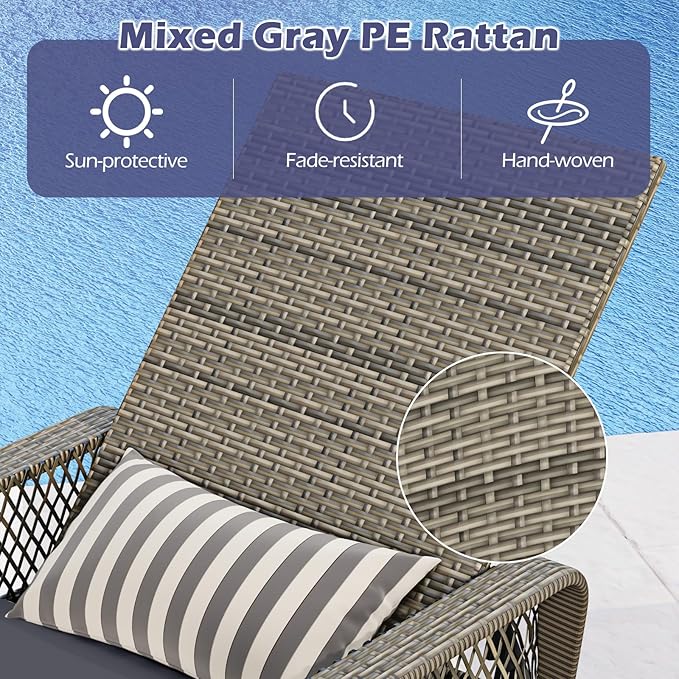Wicker Chaise Lounge Chair, Patio Rattan Recliner with 6-Position Adjustable Backrest, Soft Cushions, Removable Lumber Pillow & Armrests, Lounger Chair for Poolside & Backyard (Gray)