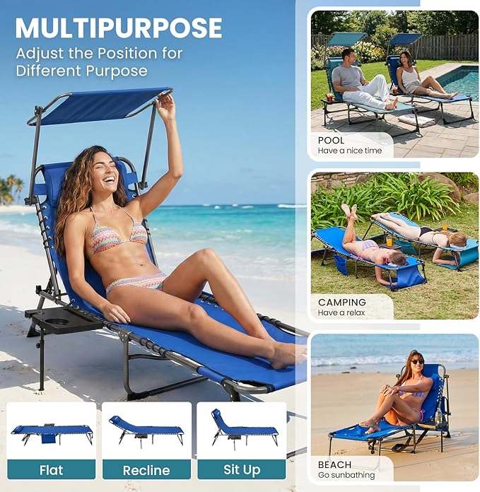 FUNDANGO Heavy Duty Tanning Chair with Face Hole & Canopy, 400lbs Beach Lounge Chair with Side Table, 5-Position Sun Lounger for Outdoor Patio Pool-Face Down Chaise with Anti-Pinch Safety Lock,Blue