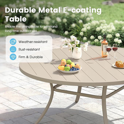 Patio Dining Table for 8-10, Round Metal Outdoor Table with 1.57" Umbrella Hole, 63" Outdoor Slat Tabletop Dining Table for Backyard, Porch, Lawn, Sand