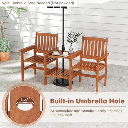 RELAX4LIFE Outdoor Loveseat with Built-in Table - Wood Patio Chairs w/Center Table & Umbrella Hole, 2-Person Garden Bench for Porch Deck Pool Balcony Backyard, 2-Seater Wooden Patio Furniture Set