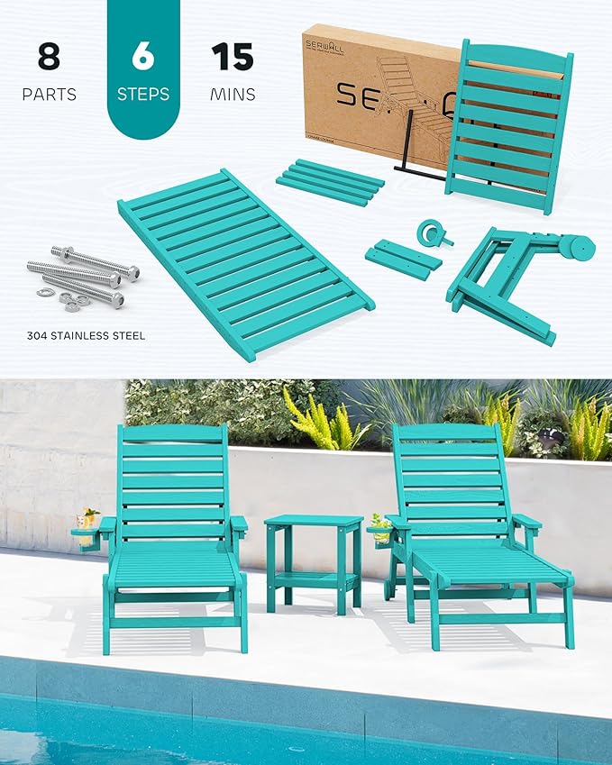 SERWALL Patio Chaise Lounge Chair Set of 2, 78'' Long 5-Positions Adjustable HDPE Outdoor Lounger for Pool - Photo 6