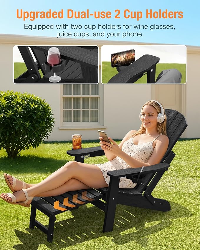 YEFU Adjustable Adirondack Chair with Retractable Ottoman Set of 6,Folding Adirondack Chair with 2 Cup-Holders, Outdoor Chairs with Footrest,Weather Resistant Fire Pit Chairs,for Patio Lawn(Black)
