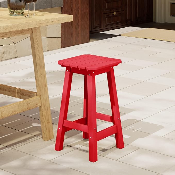 Costaelm 24" Height Outdoor Bar Stools, All-Weather Bar Stools, Adirondack Poly Patio Square Bar Stool for Patio, Deck, Kitchen Counter and Garden, Red