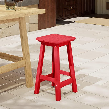 Costaelm 24" Height Outdoor Bar Stools, All-Weather Bar Stools, Adirondack Poly Patio Square Bar Stool for Patio, Deck, Kitchen Counter and Garden, Red