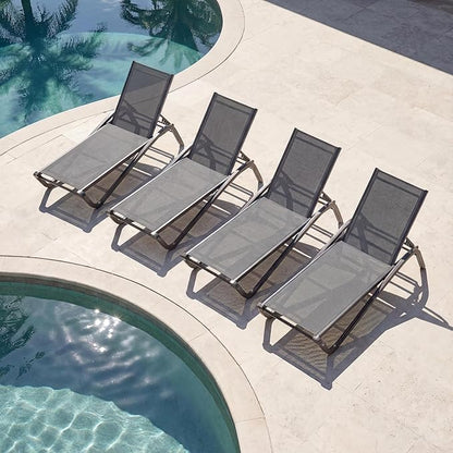 Lounge Chair Set of 4, Aluminum Chaise Lounge Outdoor, Lightweight Lounge Chairs for Outside with 5 Adjustable Backrest, Pool Lounger for Poolside, Beach, Balcony, Deck (Grey)