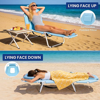 LILYPELLE Folding Chaise Lounge Chair with Mattress, 5 Position Beach Chair with Face Hole, Patio Chaise Lounge Chairs for Outside, Sunbathing, Camping, Pool, Beach, Poolside