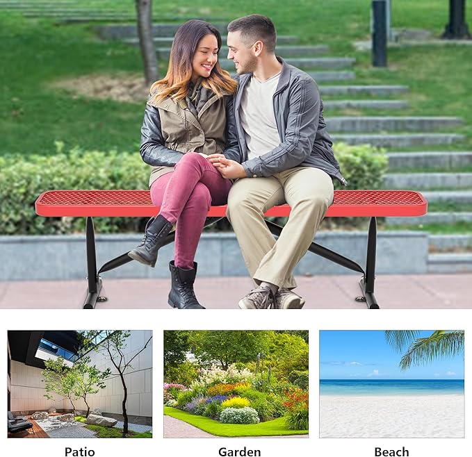 6 Ft Metal Park Benches for Outside, Outdoor Backless Bench with Thermoplastic Coating, Portable Frame, Commercial Expanded Metal Mesh Bench for Shopping Mall, Store, Park, Patio, Deck, Red