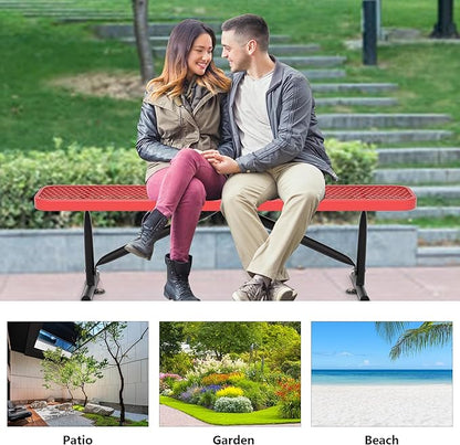 6 Feet Heavy Duty Metal Park Bench for Outside, Outdoor Bench with Portable Frame, Commercial Benches for Shopping Mall, Store, Park, Patio, Deck, Red