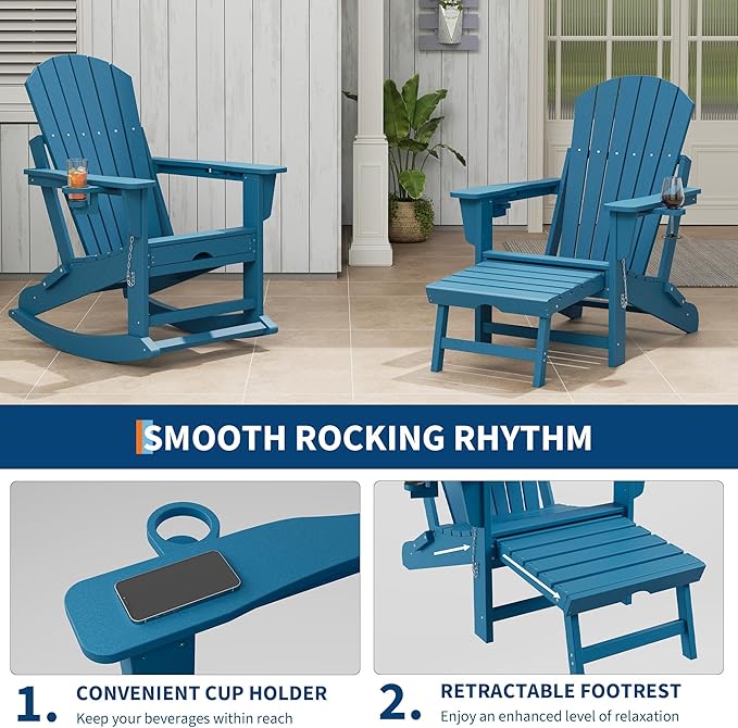 GarveeLife Adirondack Outdoor Rocking Chairs for Porch, Folding Adirondack Rocker Chair With Two Cup Holders, HDPE All Weather Outdoor Adirondacks Rocking Chair