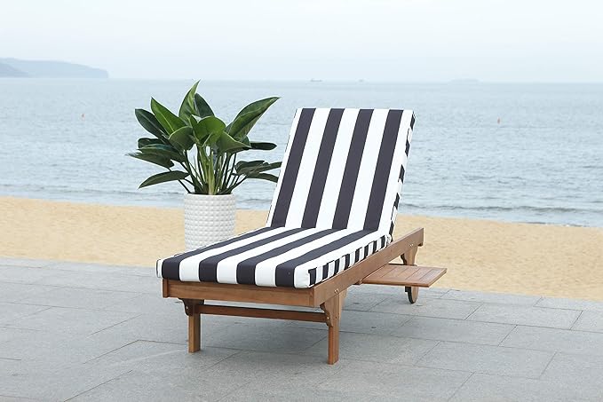 SAFAVIEH Outdoor Collection Newport Natural/ Black & White Stripe Cushion Built-in Side Table Adjustable Chaise Lounge Chair
