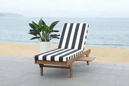 SAFAVIEH Outdoor Collection Newport Natural/ Black & White Stripe Cushion Built-in Side Table Adjustable Chaise Lounge Chair