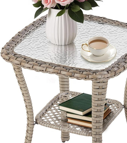 Patio Tables Wicker Side Table, Square Rattan Coffee End Table Outdoor with Storage, Tempered Glass Top Patio Side Tables for Deck Porch Sunroom Backyard