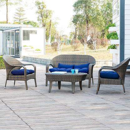 QILLOWAY Outdoor Patio Wicker Seat Cushions Group Loveseat/Two U-Shape/Two Lumbar Pillows for Patio Furniture,Wicker Loveseat,Bench,Porch,Settee of 5 (Royal Blue)