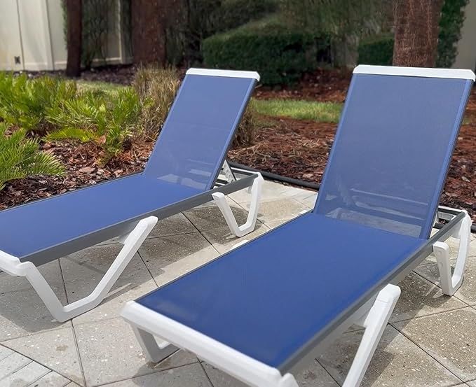 PURPLE LEAF Outdoor Chaise Lounge Set of 2 Plastic Pool Lounge Chair with Aluminum Frame Stackable Patio Tanning Chairs for Poolside Sunbathing Beach Deck Yard, Navy Blue