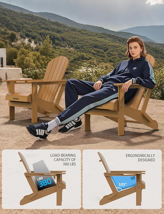 Plastic HDPE Adirondack Chair,Set of 2,Folding Adirondack Chair Weather Resistant with Cup Holder, Wooden Textured Fire Pit Outdoor Chair for Garden, Porch, Lawn, Backyard, Supports 380LBS, Teak
