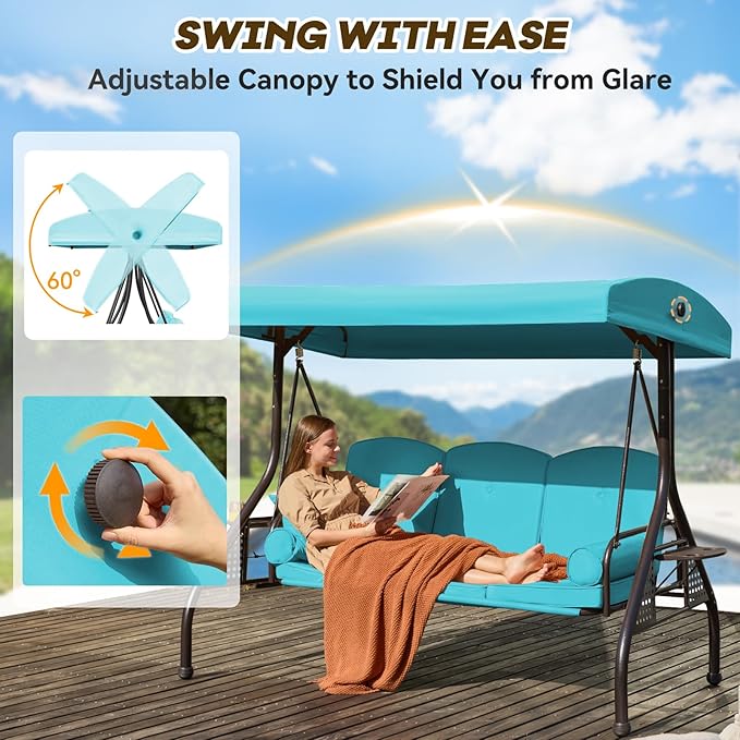 3 in 1 Patio Swing with Adjustable Canopy for Adults, 3 Seat Outdoor Swing with Thickened Cushions - Photo 4