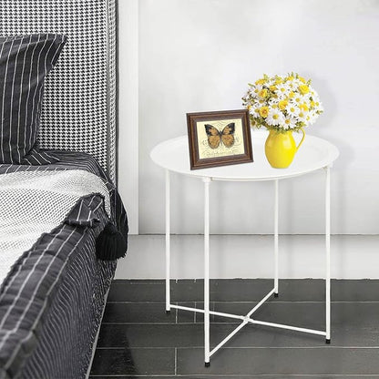 Garden 4 you End Table Metal Side Table White Round Folding Tray Cyan Sofa Small Accent Fold-able Table, Round End Table Tray, Next to Sofa Table, Snack Table for Living Room and Bed Room