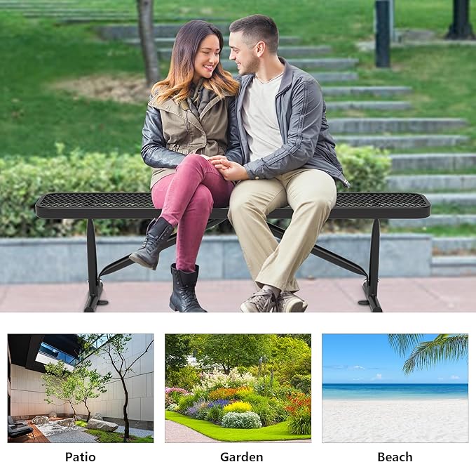 6 Ft Metal Park Benches for Outside, Outdoor Backless Bench with Thermoplastic Coating, Portable Frame, Commercial Expanded Metal Mesh Bench for Shopping Mall, Store, Park, Patio, Deck, Black