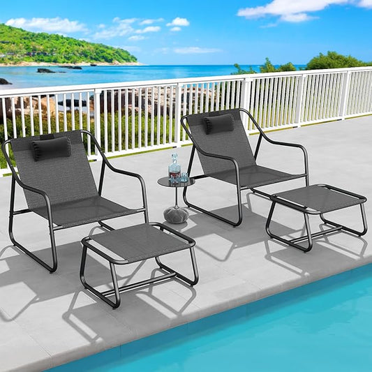 YITAHOME Patio Lounge Chair with Ottoman Set of 2, Oversized Papasan Chair, Versatile Indoor/Outdoor Textilene Lounge with Metal Handrail and Footstool, Idea for Living Room, Porch, Backyard or Garden