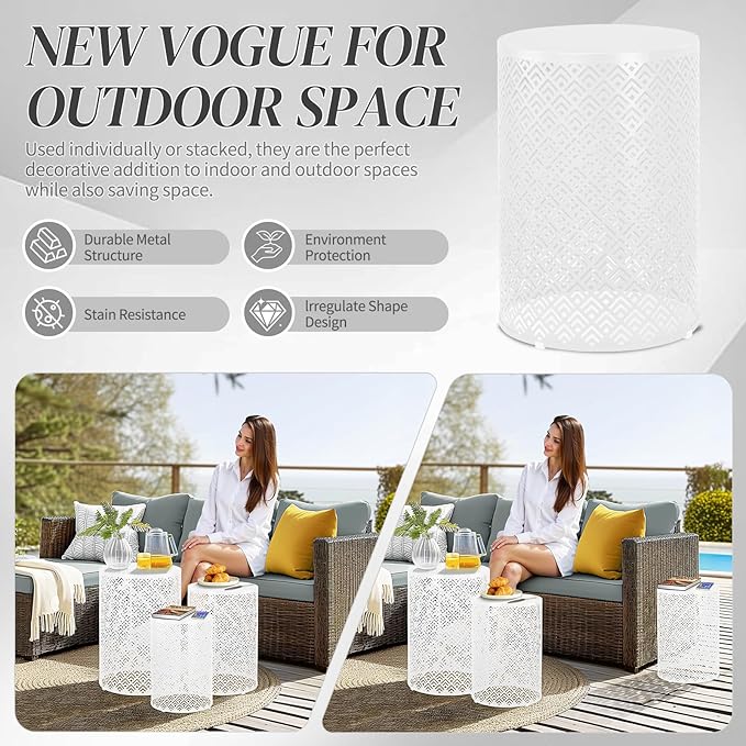 Outvita Outdoor Nesting Tables Set of 3, Heavy Duty Metal Frame Accent Modern End Table, Portable Side Table for Indoor, Outdoor, Living Room, Meander Pattern - White