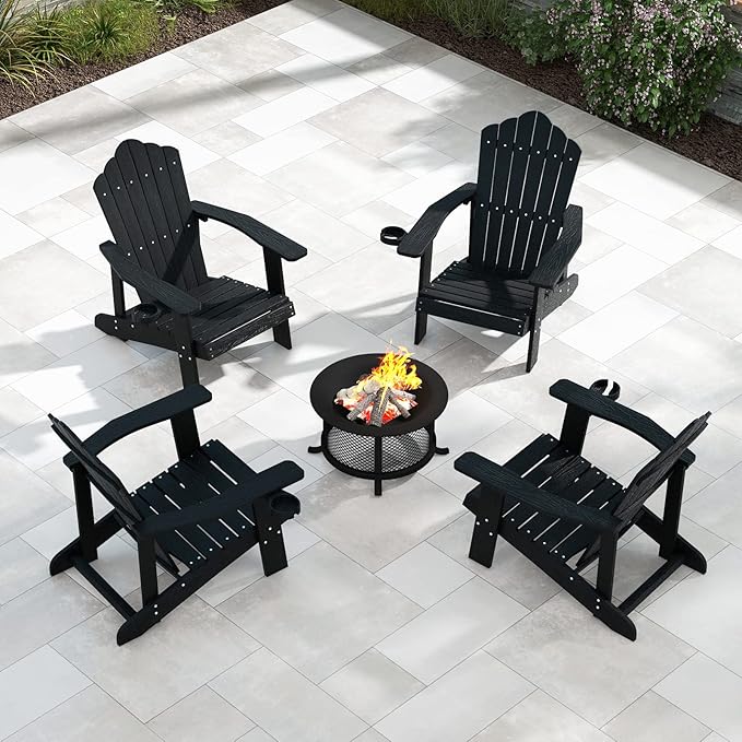 Tangkula Oversized Adirondack Chair, Patio Lounge Chairs w/Adjustable Cup Holder, HIPS Armchairs Slatted Chair, Outdoor Weather Resistant Fire Pit Chair for Deck Backyard Garden Porch (4, Black)