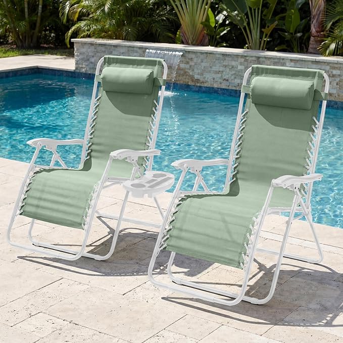 Best Choice Products Set of 2 Extra Wide Adjustable Steel Mesh Zero Gravity Lounge Chair Recliners w/Pillows and Cup Holder Trays - Sage Green/White