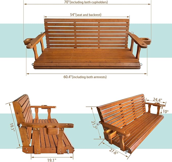 Wooden Porch Swing 3-Seater, Bench Swing with Cupholders, Hanging Chains and 7mm Springs, Heavy Duty 800 LBS - Photo 6