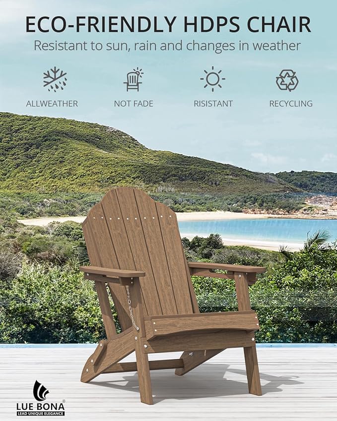 LUE BONA HDPE Folding Adirondack Chairs Set of 4 - Weather Resistant Rustic Wood-Grain Seating with Cup Holder for Cabin - Photo 6