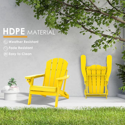 IVY&LANE Folding-Adirondack-Chairs-Set-of-4 | HDPE Plastic | Outdoor Fire Pit Chair with Cup Holder | Yellow | Poly | Weather Resistant | for Patio Deck Poolside Garden Beach