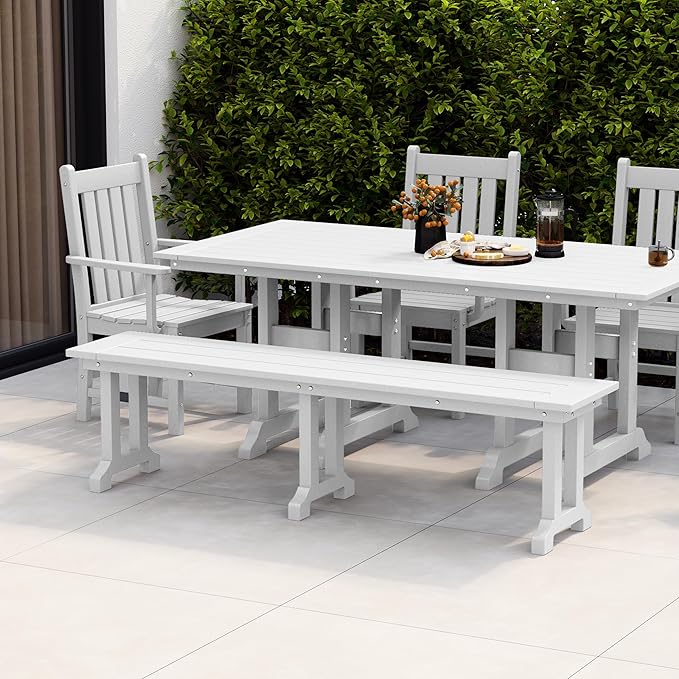 WestinTrends Malibu 65" Outdoor Dining Bench, All Weather Resistant Poly Lumber Patio Garden Bench Trestle Long Bench for Both Outdoor and Indoor, White