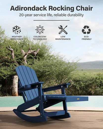 YEFU Adirondack Rocking Chairs Set of 2 : Oversize Adirondack Chair with Retractable Ottoman- 5-Level Adjustable High Back - Outdoor Rocker with Cup Holder for Porch/Garden/Lawn/Patio/Backyard/Navy