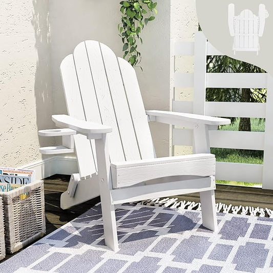 LUE BONA Folding Adirondack Chair, HDPS Weather Resistant Outdoor Patio Chair for Balcony Garden, 350 lbs Heavy Duty, One-Step No-Pin Folding, Realistic Wood Grain Texture, Fire Pit Seating, White